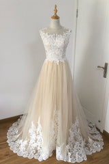 Wedding Dresses Backless, A-line Champagne with White Lace Round Neckline Party Dress, Beautiufl Wedding Party Dresses