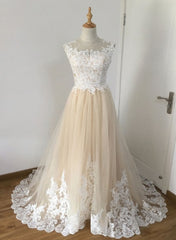 Wedding Dress With Color, A-line Champagne with White Lace Round Neckline Party Dress, Beautiufl Wedding Party Dresses