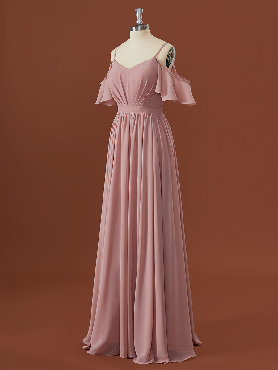 Evening Dresses For Weddings, A-line Chiffon Cold Shoulder Pleated Floor-Length Bridesmaid Dress