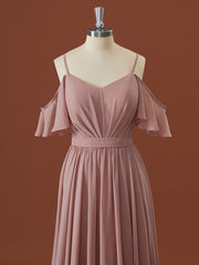Evening Dresses Wholesale, A-line Chiffon Cold Shoulder Pleated Floor-Length Bridesmaid Dress