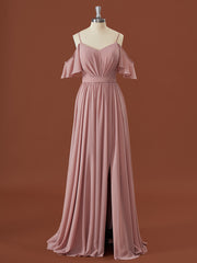 Evening Dresses Boutique, A-line Chiffon Cold Shoulder Pleated Floor-Length Bridesmaid Dress