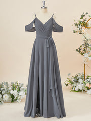 Party Dress Midi With Sleeves, A-line Chiffon Cold Shoulder Pleated Floor-Length Bridesmaid Dress