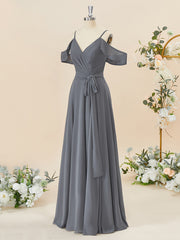 Strapless Prom Dress, A-line Chiffon Cold Shoulder Pleated Floor-Length Bridesmaid Dress