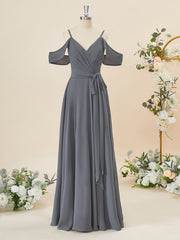 Dinner Dress Classy, A-line Chiffon Cold Shoulder Pleated Floor-Length Bridesmaid Dress