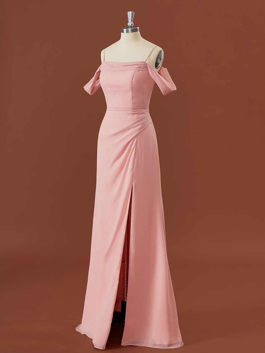 Gown Dress Elegant, A-line Chiffon Cold Shoulder Pleated Floor-Length Bridesmaid Dress