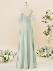 Party Dress Pattern Free, A-line Chiffon Cold Shoulder Pleated Floor-Length Bridesmaid Dress