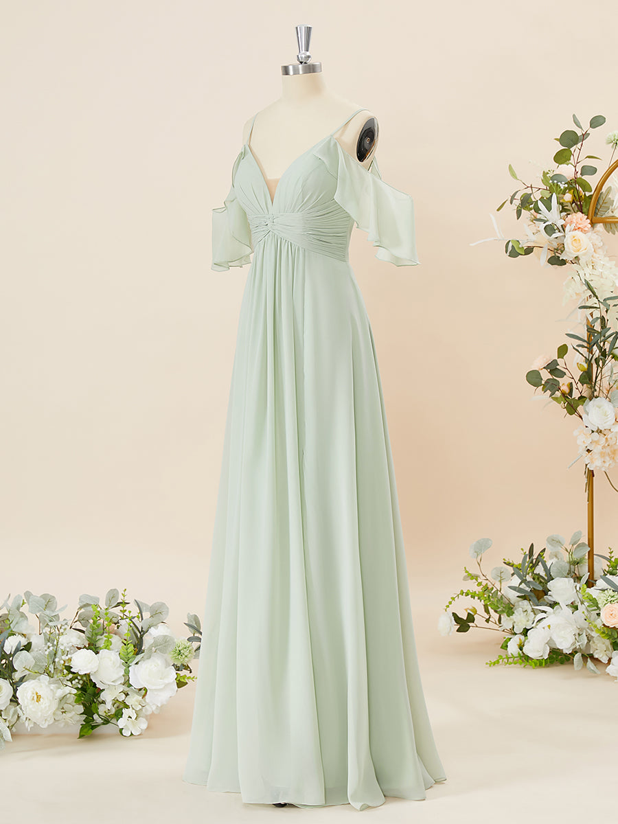 Party Dress Pattern, A-line Chiffon Cold Shoulder Pleated Floor-Length Bridesmaid Dress
