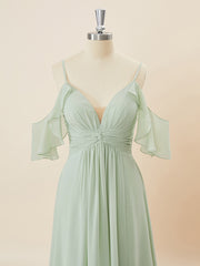 Party Dress Patterns, A-line Chiffon Cold Shoulder Pleated Floor-Length Bridesmaid Dress