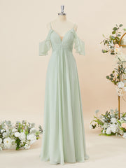 Winter Dress, A-line Chiffon Cold Shoulder Pleated Floor-Length Bridesmaid Dress