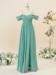 Party Dresses Glitter, A-line Chiffon Cold Shoulder Pleated Floor-Length Bridesmaid Dress