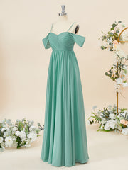 Party Dress Glitter, A-line Chiffon Cold Shoulder Pleated Floor-Length Bridesmaid Dress