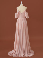 Party Dress For Christmas Party, A-line Chiffon Cold Shoulder Pleated Floor-Length Bridesmaid Dress