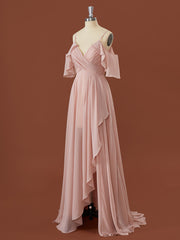 Party Dresses For Christmas Party, A-line Chiffon Cold Shoulder Pleated Floor-Length Bridesmaid Dress