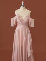 Party Dress Up Ideas Halloween Costumes, A-line Chiffon Cold Shoulder Pleated Floor-Length Bridesmaid Dress
