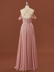 Party Dresses Winter, A-line Chiffon Cold Shoulder Pleated Floor-Length Bridesmaid Dress