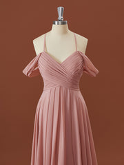 Party Dress Australian, A-line Chiffon Cold Shoulder Pleated Floor-Length Bridesmaid Dress