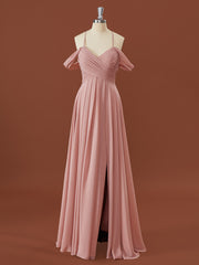 Party Dress Winter, A-line Chiffon Cold Shoulder Pleated Floor-Length Bridesmaid Dress