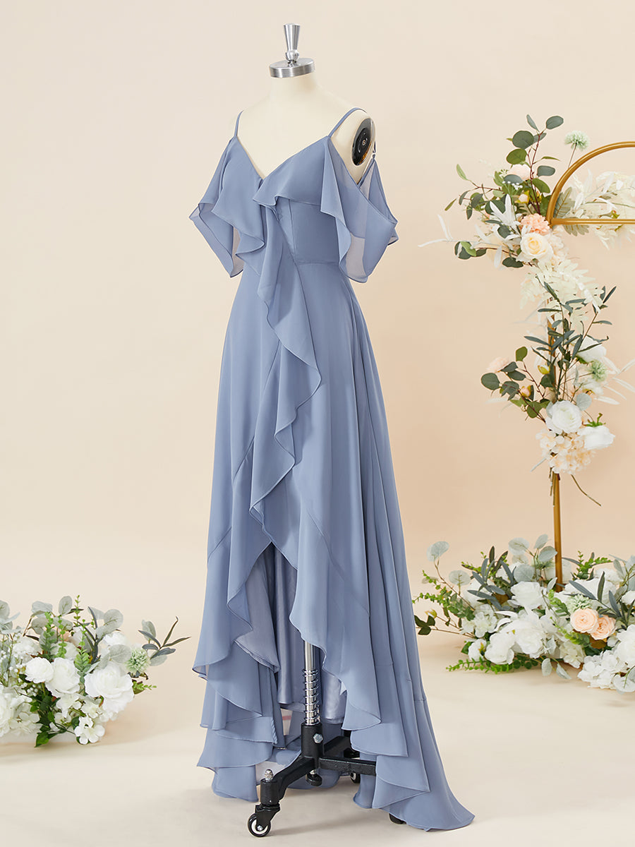 Formal Dresses Ideas, A-line Chiffon Cold Shoulder Ruffles Asymmetrical Bridesmaid Dress