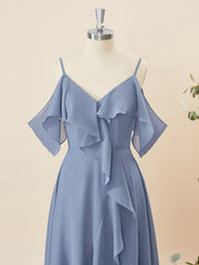 Formal Dress Trends, A-line Chiffon Cold Shoulder Ruffles Asymmetrical Bridesmaid Dress