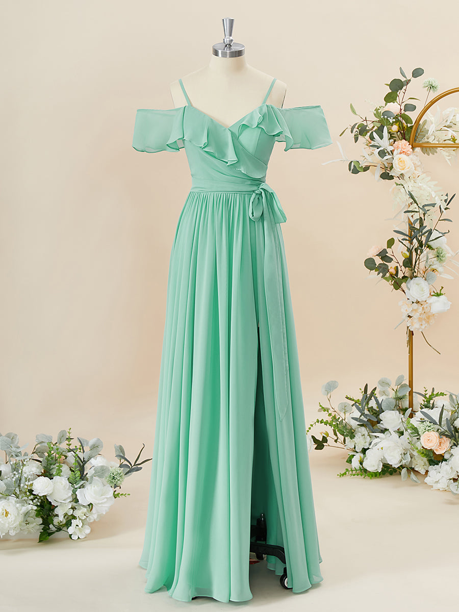 Party Dresses For 27 Year Olds, A-line Chiffon Cold Shoulder Ruffles Floor-Length Bridesmaid Dress