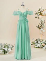 Party Dresses Classy, A-line Chiffon Cold Shoulder Ruffles Floor-Length Bridesmaid Dress