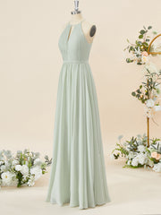 Party Dresses Modest, A-line Chiffon Halter Pleated Floor-Length Bridesmaid Dress