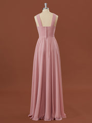 Party Dresses For Short Ladies, A-line Chiffon Halter Pleated Floor-Length Bridesmaid Dress