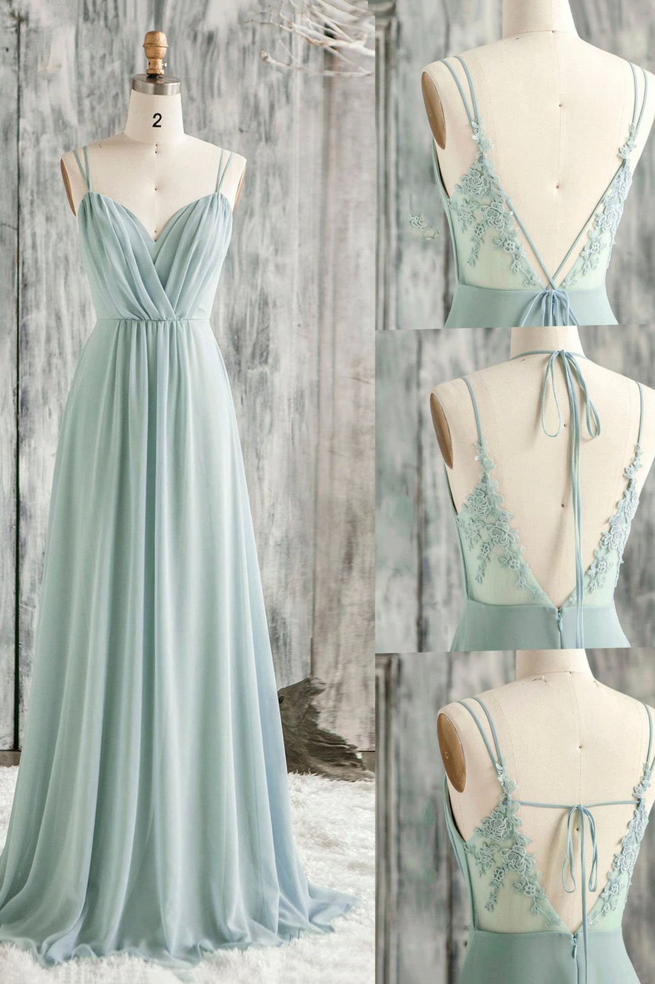 Prom Dresses 03, A-Line Chiffon Lace Long Prom Dress, Green Spaghetti Strap Backless Evening Dress