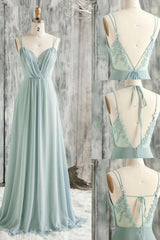 Prom Dresses 03, A-Line Chiffon Lace Long Prom Dress, Green Spaghetti Strap Backless Evening Dress