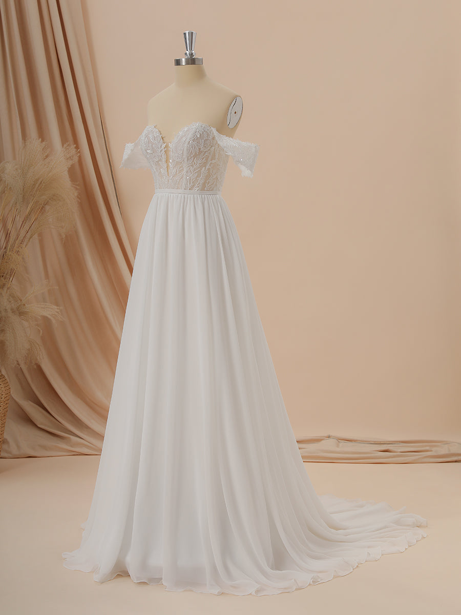 Wedding Dressing Gown, A-line Chiffon Off-the-Shoulder Appliques Lace Court Train Wedding Dress