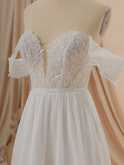 Wedding Dresses Open Back, A-line Chiffon Off-the-Shoulder Appliques Lace Court Train Wedding Dress