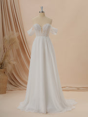 Wedding Dresses Gown, A-line Chiffon Off-the-Shoulder Appliques Lace Court Train Wedding Dress