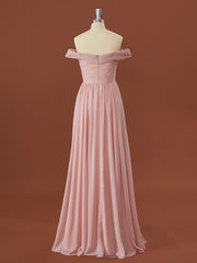 Flowy Dress, A-line Chiffon Off-the-Shoulder Appliques Lace Floor-Length Bridesmaid Dress