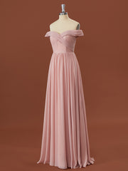 Semi Formal, A-line Chiffon Off-the-Shoulder Appliques Lace Floor-Length Bridesmaid Dress