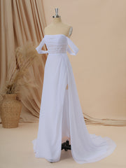 Wedding Dresses Summer, A-line Chiffon Off-the-Shoulder Pleated Court Train Corset Wedding Dress
