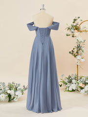 Evening Dresses Long, A-line Chiffon Off-the-Shoulder Pleated Floor-Length Bridesmaid Dress