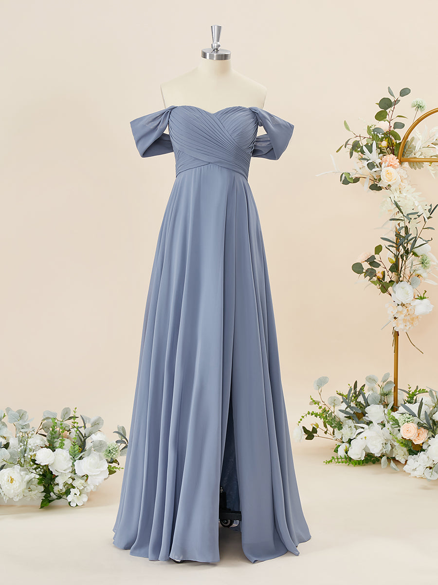 Evening Dresses Online Shopping, A-line Chiffon Off-the-Shoulder Pleated Floor-Length Bridesmaid Dress