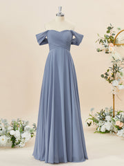 Semi Dress, A-line Chiffon Off-the-Shoulder Pleated Floor-Length Bridesmaid Dress