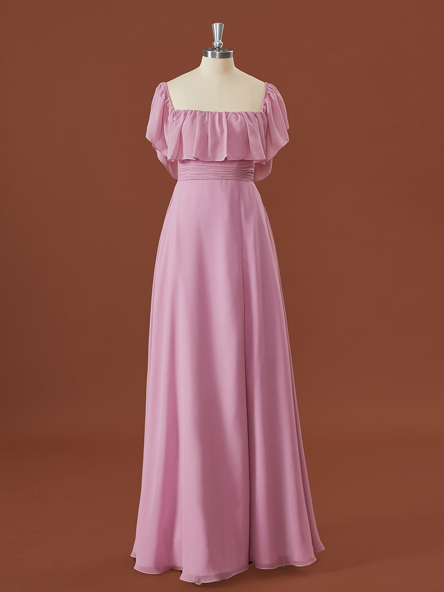 Party Dress Emerald Green, A-line Chiffon Off-the-Shoulder Pleated Floor-Length Convertible Bridesmaid Dress
