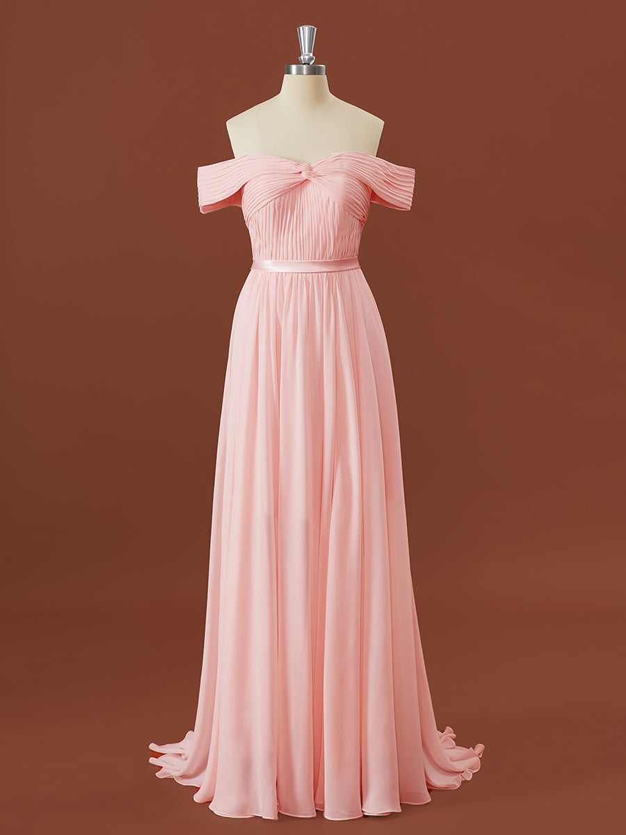 Classy Outfit Women, A-line Chiffon Off-the-Shoulder Pleated Sweep Train Bridesmaid Dress