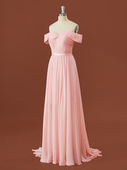 Sparklie Dress, A-line Chiffon Off-the-Shoulder Pleated Sweep Train Bridesmaid Dress