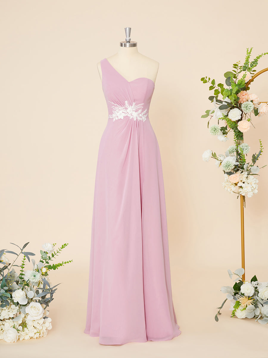 Party Dress Dress Up, A-line Chiffon One-Shoulder Appliques Lace Floor-Length Dress