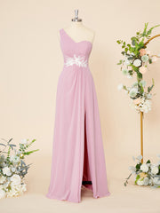 Party Dresses Styles, A-line Chiffon One-Shoulder Appliques Lace Floor-Length Dress