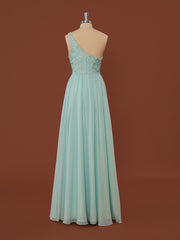 Bridesmaids Dresses Strapless, A-line Chiffon One-Shoulder Appliques Lace Floor-Length Dress
