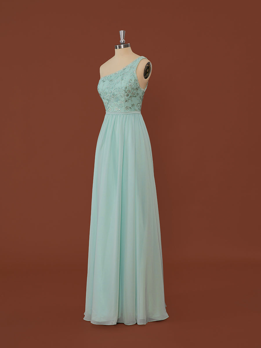 Garden Wedding, A-line Chiffon One-Shoulder Appliques Lace Floor-Length Dress