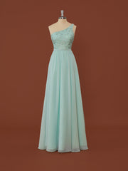 Bridesmaid Dress Strapless, A-line Chiffon One-Shoulder Appliques Lace Floor-Length Dress