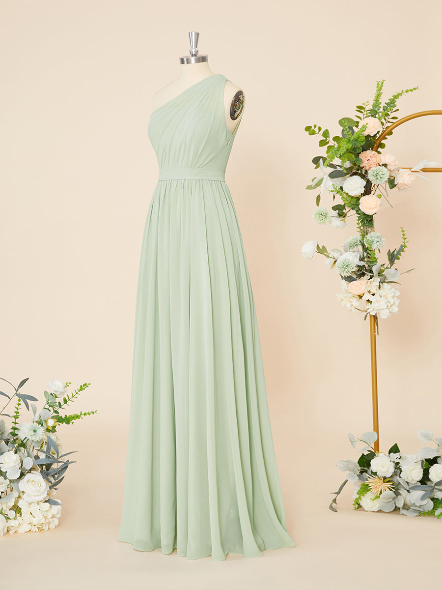 Bride Dress, A-line Chiffon One-Shoulder Pleated Floor-Length Dress