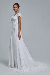 Wedding Dresses With Long Sleeves, A-Line Chiffon V-Neck Applique Floor-Length Wedding Dresses