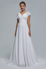 Wedding Dress Under 509, A-Line Chiffon V-Neck Applique Floor-Length Wedding Dresses