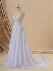 Wedding Dress With Long Sleeves, A-line Chiffon V-neck Appliques Lace Cathedral Train Wedding Dress
